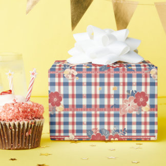 Patriotic Gingham with Floral Accents | Red White  Wrapping Paper