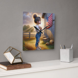 Patriotic Girl With American Flag Square Wall Clock