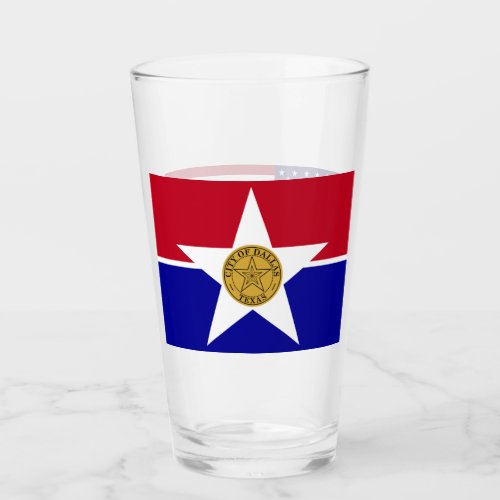 Patriotic glass cup with flag of Dallas