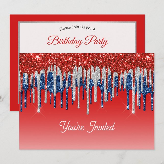 Patriotic Glitter Drip Americana Birthday Invitation (Front/Back)