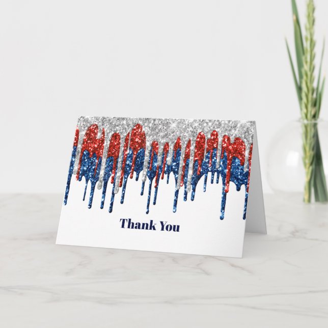 Patriotic Glitter Drip Border Thank You Card (Front)
