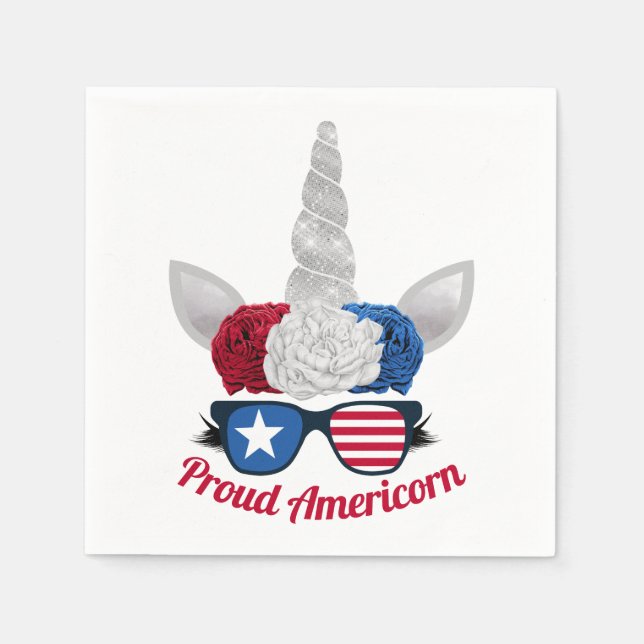 Patriotic Glitter Unicorn Red White Blue Napkins (Front)