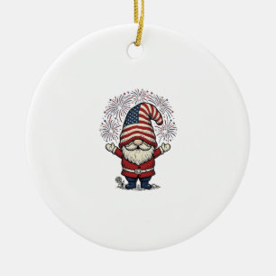 Patriotic Gnome Fireworks Vintage Vector Design_1 Ceramic Ornament