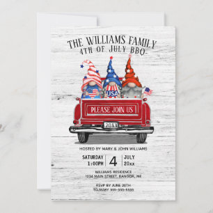 Patriotic Gnome Vintage Red Truck 4th of July BBQ Invitation