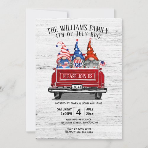 Patriotic Gnome Vintage Red Truck 4th of July BBQ Invitation