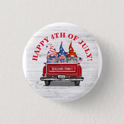 Patriotic Gnome Vintage Red Truck 4th of July Button