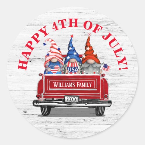 Patriotic Gnome Vintage Red Truck 4th of July  Classic Round Sticker