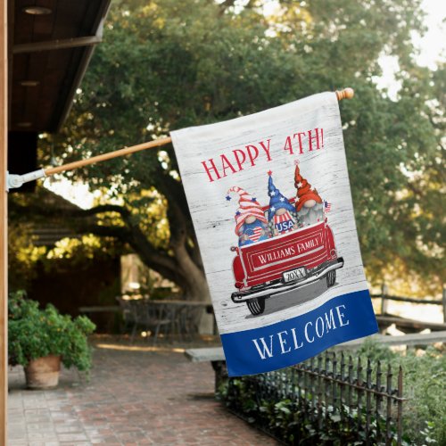 Patriotic Gnome Vintage Red Truck 4th of July House Flag