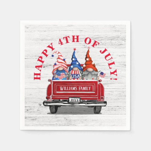 Patriotic Gnome Vintage Red Truck 4th of July Napkins