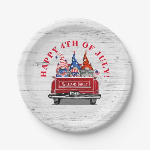 Patriotic Gnome Vintage Red Truck 4th of July Paper Plates