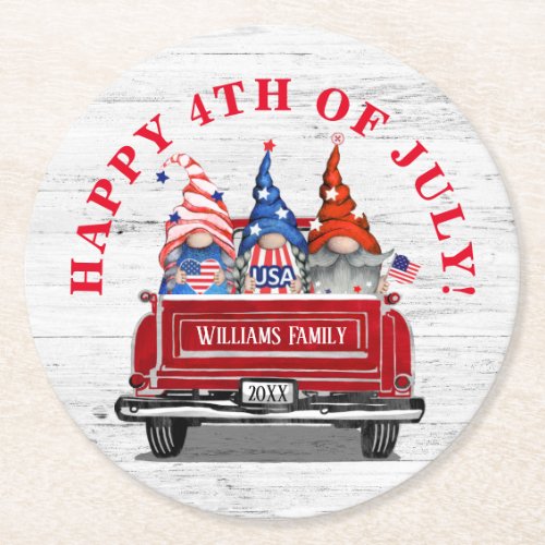 Patriotic Gnome Vintage Red Truck 4th of July Round Paper Coaster