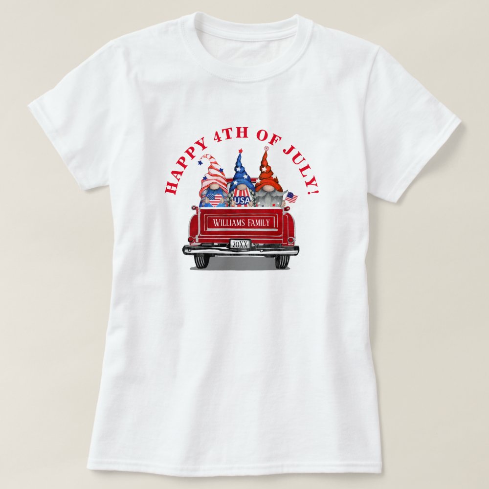 Patriotic Gnome Vintage Red Truck 4th of July Personalized T-Shirt