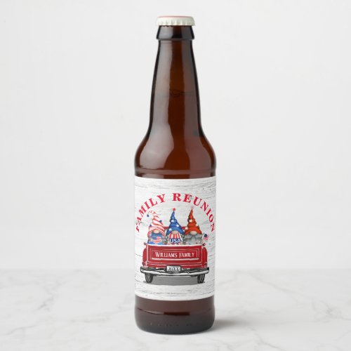 Patriotic Gnome Vintage Red Truck Family Reunion Beer Bottle Label