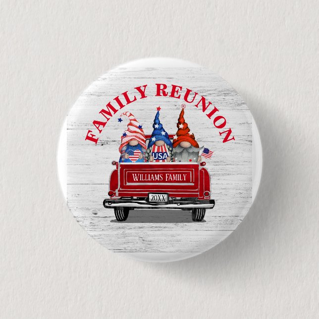 Patriotic Gnome Vintage Red Truck Family Reunion Button (Front)