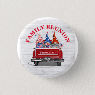 Patriotic Gnome Vintage Red Truck Family Reunion Button