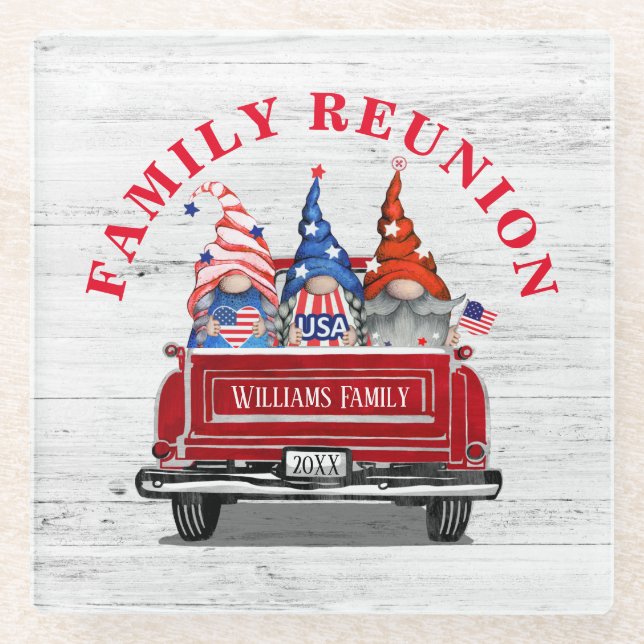 Patriotic Gnome Vintage Red Truck Family Reunion Glass Coaster (Front)