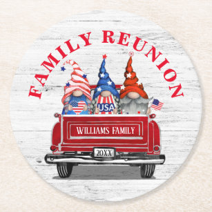 Patriotic Gnome Vintage Red Truck Family Reunion Round Paper Coaster