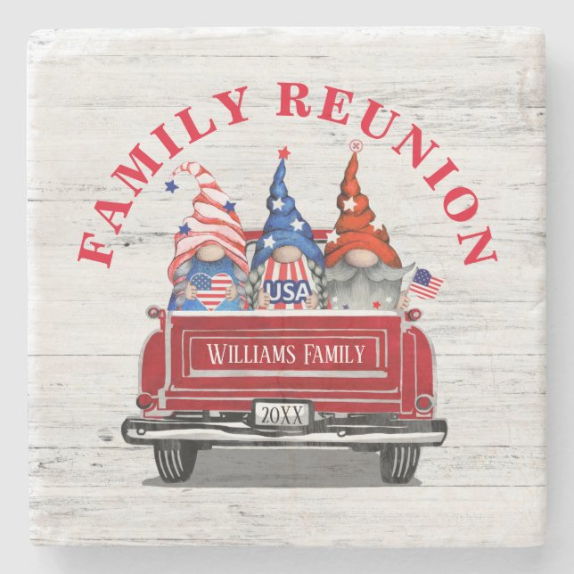 Patriotic Gnome Vintage Red Truck Family Reunion Stone Coaster (Front)