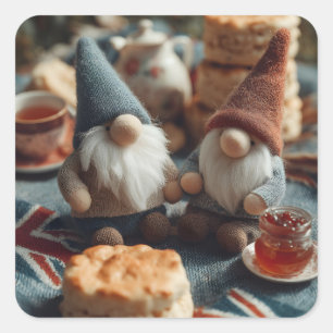 Patriotic Gnomes Enjoying British Afternoon Tea  Square Sticker