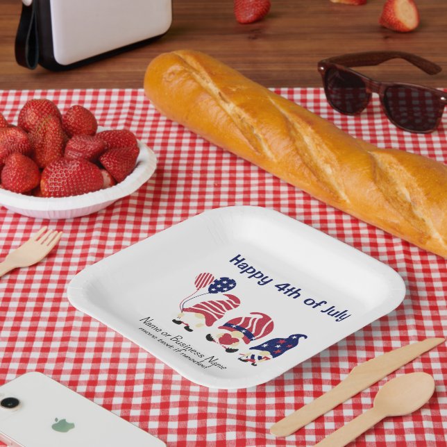 Patriotic Gnomes Stars & Stripes 7-in Square Party Paper Plates (Picnic)