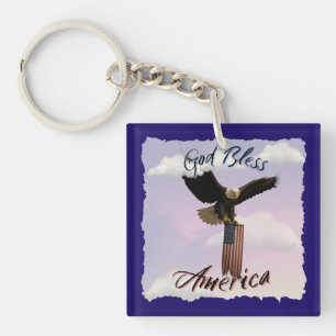 Patriotic "God Bless America" Bald Eagle and Flag Keychain