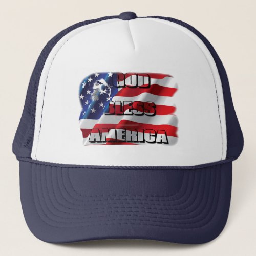 Patriotic God Bless America Eagle and Flag Trucker Hat