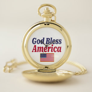 Patriotic God Bless America Flag Pocket Watch