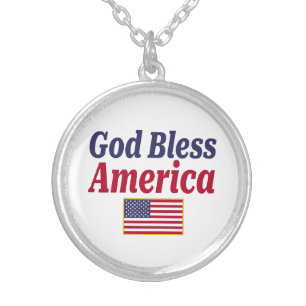 Patriotic God Bless America Flag Silver Plated Necklace