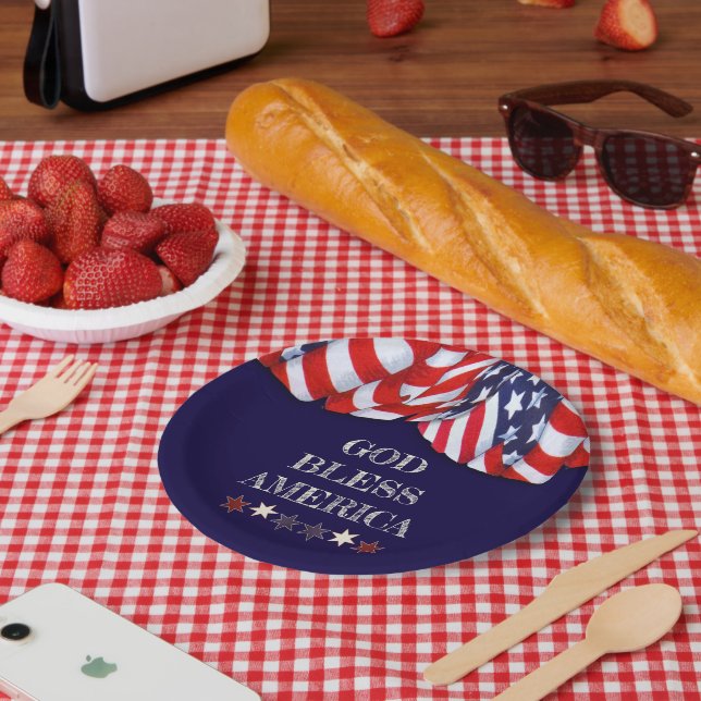 Patriotic God Bless America Red White Blue Bunting Paper Plates (Picnic)