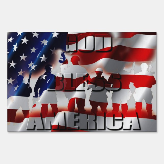 Patriotic God Bless America Soldiers and USA flag Yard Sign (Front)