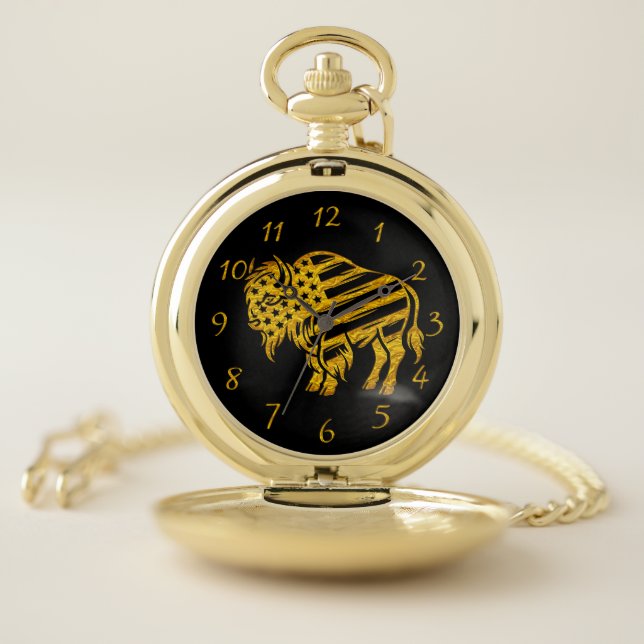 Patriotic Gold Bison Design Pocket Watch (Inside)