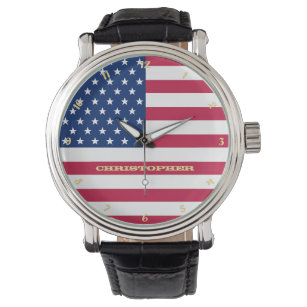 Patriotic Gold Monogrammed USA Flag Classic Mens Watch