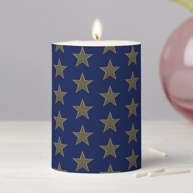 Patriotic gold navy blue stars modern holiday pillar candle (In Situ)