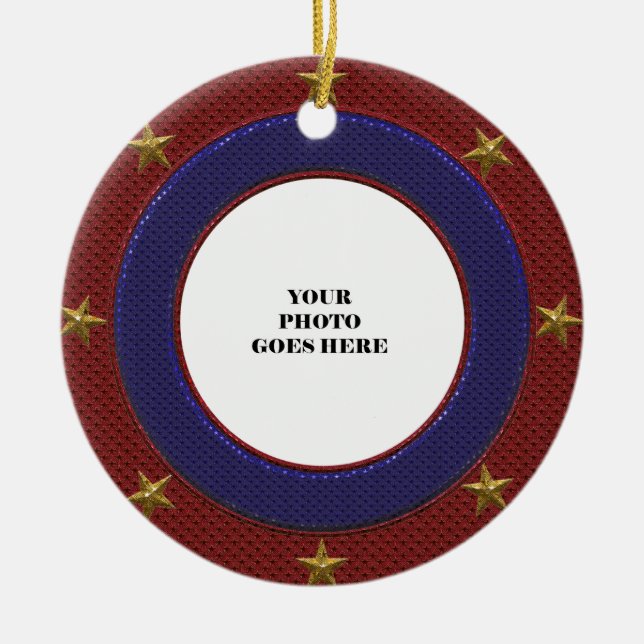 Patriotic Gold Stars Photo Frame Round Ornament (Front)