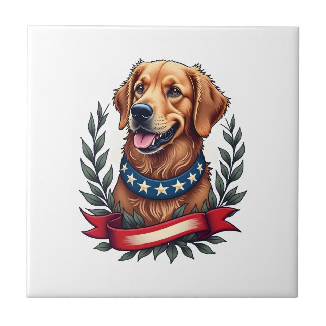 Patriotic Golden Retriever Americana Art Tee 2 Ceramic Tile (Front)