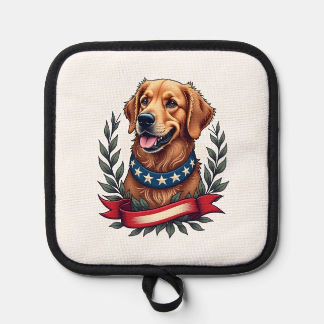 Patriotic Golden Retriever Americana Art Tee 2 Pot Holder (Front)