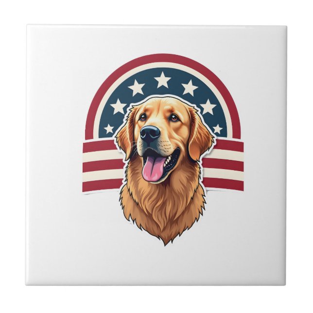 Patriotic Golden Retriever Arc Layout Shirt 2 Ceramic Tile (Front)