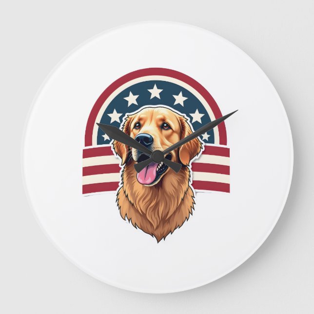 Patriotic Golden Retriever Arc Layout Shirt 2 Large Clock (Front)