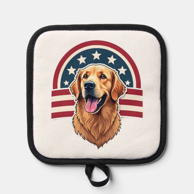 Patriotic Golden Retriever Arc Layout Shirt 2 Pot Holder (Front)