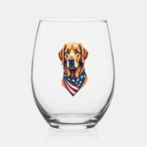 Patriotic Golden Retriever Bandana Vintage Tee Stemless Wine Glass