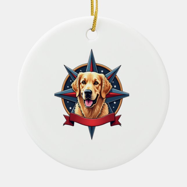 Patriotic Golden Retriever Compass Star Tee 2 Ceramic Ornament (Front)