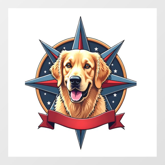 Patriotic Golden Retriever Compass Star Tee 2 Window Cling (Sheet)