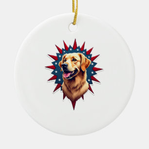 Patriotic Golden Retriever Corner Burst Shirt 2 Ceramic Ornament