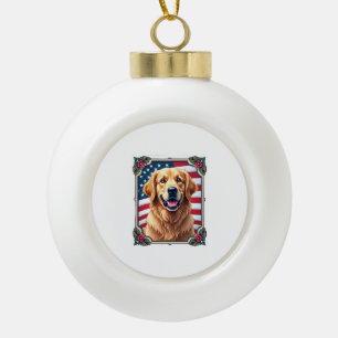 Patriotic Golden Retriever Corner Frame Shirt 3 Ceramic Ball Christmas Ornament