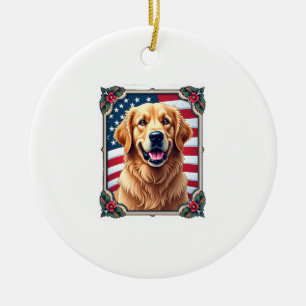 Patriotic Golden Retriever Corner Frame Shirt 3 Ceramic Ornament