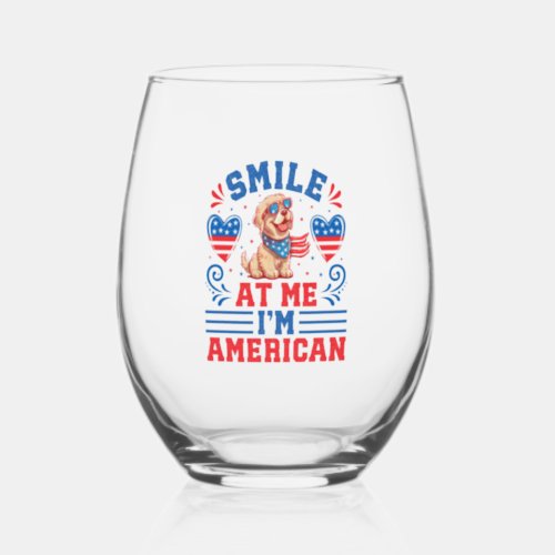 Patriotic Golden Retriever Dog for 4th Of July Stemless Wine Glass