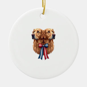 Patriotic Golden Retriever Double Portrait Shirt 2 Ceramic Ornament