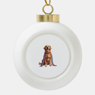 Patriotic Golden Retriever Falling Ribbon Shirt 2 Ceramic Ball Christmas Ornament