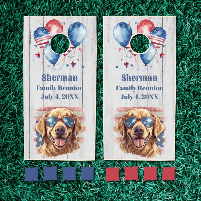 Patriotic Golden Retriever Family Reunion Beanbag Cornhole Set (Patriotic Golden Retriever custom cornhole beanbag toss board for reunions, picnics, retreat, AirBnB)