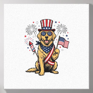 Patriotic Golden Retriever Fireworks Vintage Shirt Canvas Photo Tile